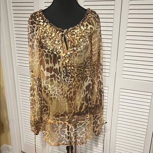 Cache Leopard Print Sheer Blouse with Gold Accents